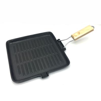 China Square Shape Cast Iron BBQ Grill Griddle Easily Cleaned Non-Stick Pan with Foldable Wooden Handle for sale