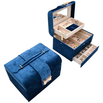 China Recyclable 3 Layer Navy Jewelry Organizer Large Jewelry Cases With Many Drawers Velvet Jewelry Drawer Case for sale