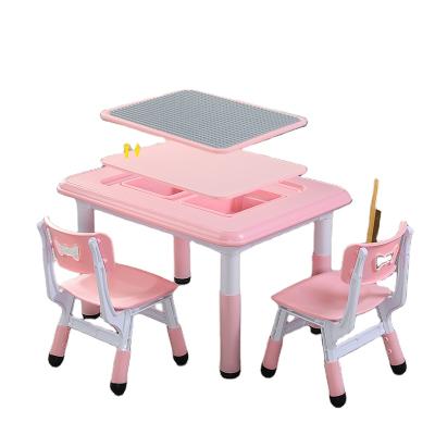 China Contemporary Home Office Kids Plastic Play Area Play Block Table Chair Set Double Kids Use Furniture for sale