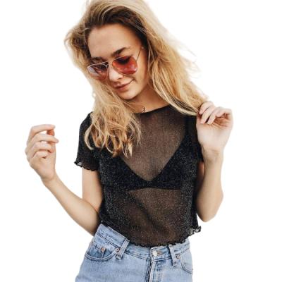 China Anti-pilling Knitted T-shirt Women Mesh Top See Tee Cropp Summer T-shirt Female Black White White Fashion For Women Adults for sale