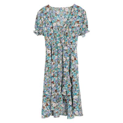 China Latest Dry Cleaning V-Neck Short Sleeve Flora Print Split Irregular Falbala Causal Dress For Woman for sale