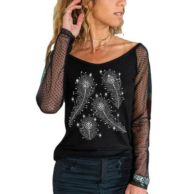 China Autumn Comfortable Tunic Tops Diamond Lace Blouse Women Long Sleeve Anti-wrinkle Shirt Fashion Long Sleeve Elegant Sequined T-shirt for sale