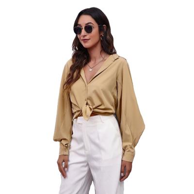 China Beautiful Vintage White Women Blouses Shirt Blouse 2022 Elegant Oversize Anti-Shrink Autumn Khaki Basic Top Collar Long Sleeve for sale