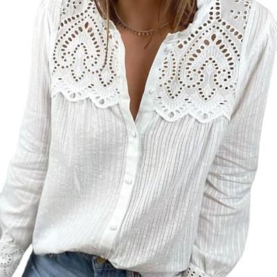 China 2021 Autumn style new casual loose simple lace shirt breathable wholesale stitching women lace up fashion elegant and comfortable women's shirt for sale