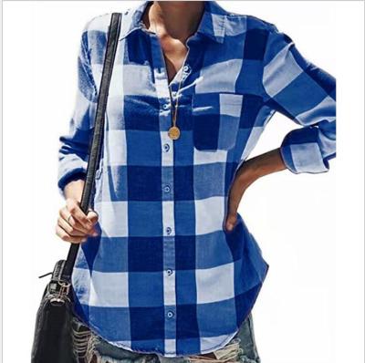 China 2021 Autumn New Breathable Plaid Lapel Wear Long Sleeve Single Breasted Blouse Shirt For Women for sale