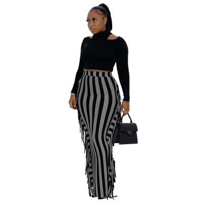 China 2021 Autumn Breathable Fast Shipping Female Uses High Waist Pencil Skirt For Ladies Print Stripes Tassel Maxi Dress for sale