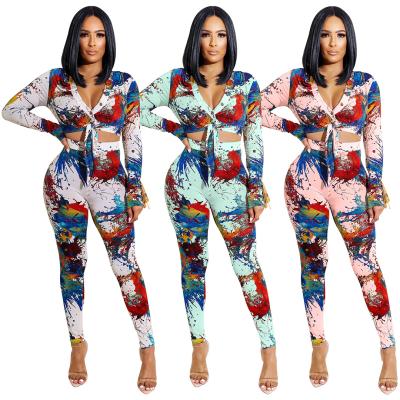 China New Arrival QUICK DRY Summer Printed Slim Fit Cartoon Women 2 Piece Pants Sets for sale