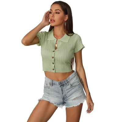 China Anti-wrinkle women's base lapel button solid short sleeve t-shirt new summer short slim shirt knit cardigan girl for sale