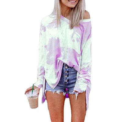 China Hot QUICK DRY Style Gradient Color Tie Dye Print Fashion Casual V-neck Long Sleeves Women Tops Fashion Casual Women's Long Sleeves for sale