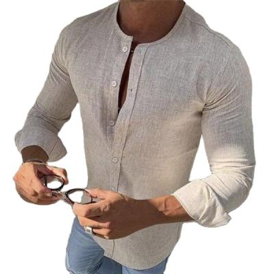 China Hot Selling Anti-pilling Men's Shirts Collarless Long Sleeves Casual Linen Shirt For Men Shirt Dress Homme Crewneck Shirt Collarless for sale