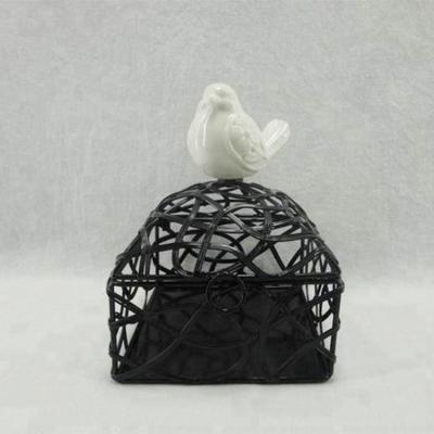 China Eco-friendly decorative vintage iron birdcage with small ceramic bird statue inside for home for sale