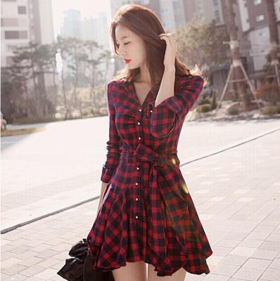 China Women's Mid-Waisted Red Plaid Shirt Dress with SGS Certification and Fashionable Design for sale