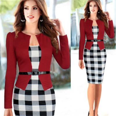 China Women Pencil Dress Ladies Long Sleeve Checked Dresses with Belt for sale