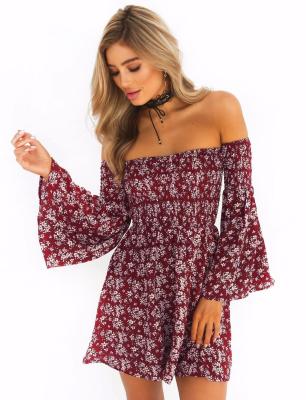 China New Arrival Girls′ off Shoulder Horn Sleeve Printed Flowers Dress for sale