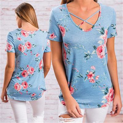 China Women Floral Short Sleeve Top with Cutout Neckline Blouse for sale