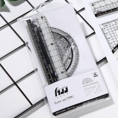 China High quality metal back to school ruler set student black color ruler set priting square protractor in silicone pouch for sale