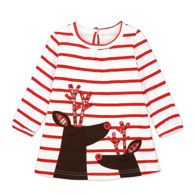 China Red Striped Cotton Baby Girl Dress With Deer Patterns Baby Long Sleeves Dress For Winter for sale