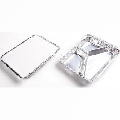 China TIA high heat resistant rectangle 600ML silver aluminium foil container 3 compartments outside catering lunch take out food box zu verkaufen