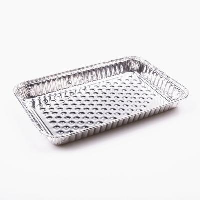 China Perforated Silver 800ml OEM Large Design Baking Foil Tray Disposable Bbq Tray Food Grade Aluminum Foil Tray à venda