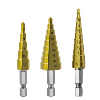 China Drilling 3-12mm 4-12mm 4-20mm HSS Straight Flute Step Wood Drill Bit Set Titanium Metal Hole Cutter Cone Coated Wood Drill Bit for sale