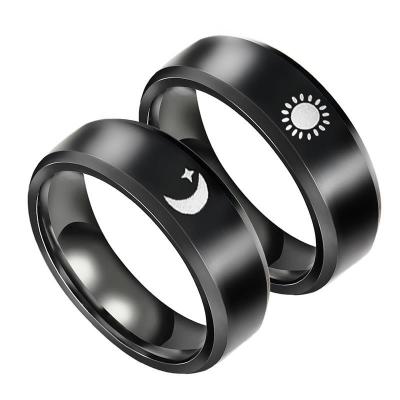 China TRENDY Star Ring Black Engraved Custom Promise Jewelry Stainless Steel Moon Sun Rings for Couples for sale