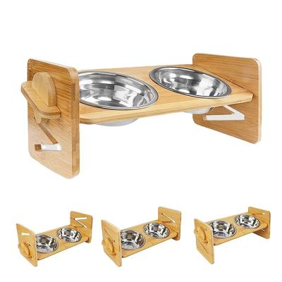 China China Animals Cat Wooden Frame Stainless Steel Small Sustainable Professional Pet Food Bowl for sale