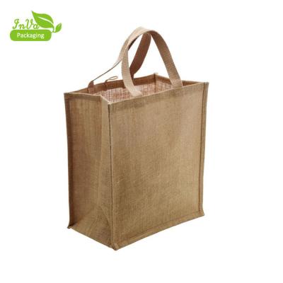 China Customized Handled Designed Women's Tote Jute Bag Blank Slogan Shopping Jute Sack Standard Size Natural Jute Sack for sale