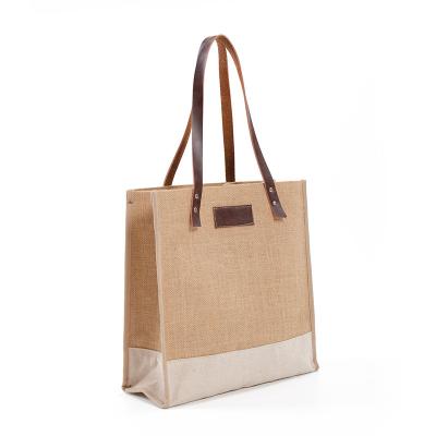 China Custom Handled Jute Beach Bag Customized Jute Shopping Tote Bag Leather Handle Manufacturer Wholesale for sale