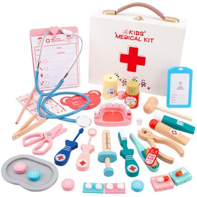 China Wooden Boxed Small Doctor Nurse Injection Medical Tools Early Education Room First Aid Game Medicine Box Wooden Toys for sale