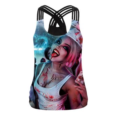 China Lady 3D Print Sports Vest Tank Top Women Fitness Wear V-neck Tank Top TPM 100% Black Color Polyester Gym Shirt Halloween Tank Top 1492 for sale