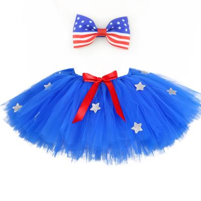 China Unique Polyester Girls 2021 Costume Blue Star Sports Tutu Dress Running Skirt National Flag Tutu Tie For Women And Girls USA Set For Bab for sale