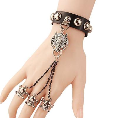 China New Cosplay Trend Punk Studded Ring Ghost Leather Bracelet with Three Skull Rings Rock Jewelry for sale