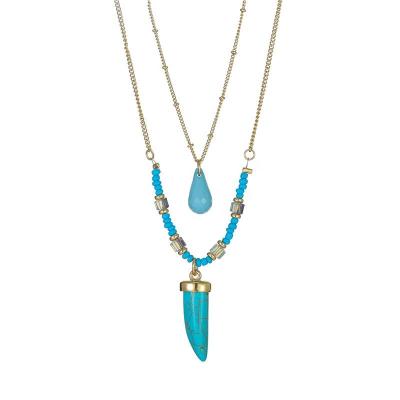 China BOHEMIA Color Blue Natural Turquoise Necklace Bohemian Double Layer Summer Jewelry Horn Stone Necklace for sale