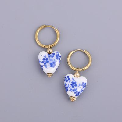 China FASHIONABLE Vintage Chinese Culture Blue And White Ceramic Drop Earrings Porcelain Gold Plated Circles Bead Earrings for sale