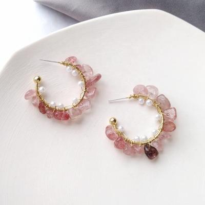 China FASHIONABLE Bohemian Women Gold Metal Wire C Shaped Hoop Earrings Tasty Natural Stone Earrings for sale