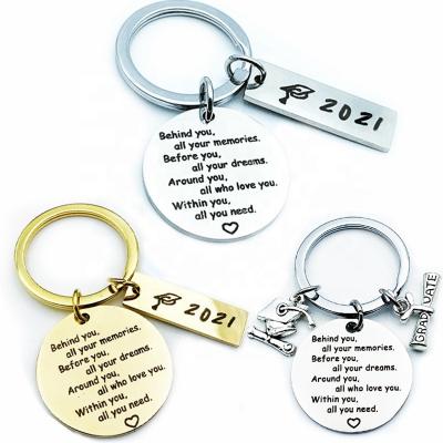 China Metal Class Of Graduation Gift Stainless Steel Disc Behind You Engraved 2021 Fashion Graduation Key Chain for sale