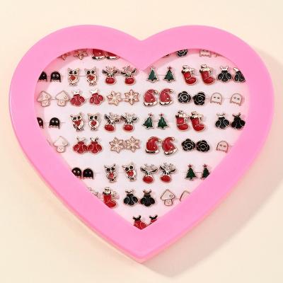 China Cute Fashion Oil Cartoon Christmas Tree Drip Earrings 36 Pairs Christmas Gift Box Set Stud Christmas Earrings Jewelry for sale