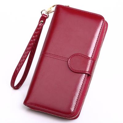 China Wax Oil Style PU Leather Wallet Long Zipper Bag Large Wallet Waterproof Popular Leather Mobile Female Card Bag for sale