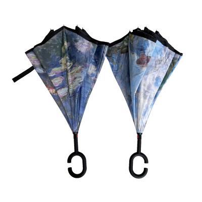 China Minimalist Inverted Double Layer Umbrella Inside Out C Shape Handle Prints Oscar-Claude Monet Inversion Reverse Bulk Custom Printed for sale