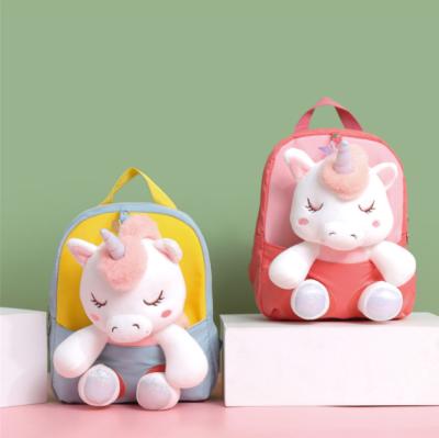 China 2021 new fashion unicorn backpack kindergarten cartoon plush doll light nylon shoulder bag for sale