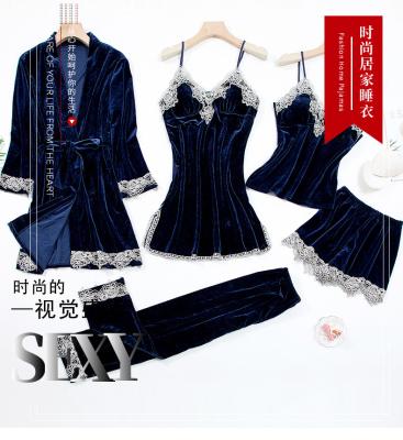 China Autumn new QUICK DRY winter woman pajamas sexy lace velvet condole long robe five sets of belt pajamas with chest protection sleeve home wear along for sale