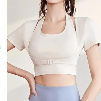 China Anti-Bacterial Leisure sports no-wear bra fitness clothes hanging neck quick dry yoga clothes short sleeve top tight female sports short sleeve for sale