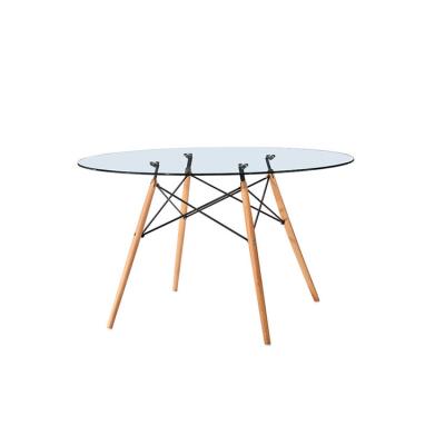 China Durable (Height)Adjustable Cheap Glass Top Metal Base Dining Table With Wood Leg for sale