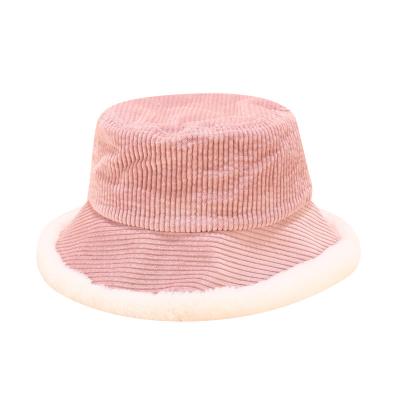 China Fashion Newest Solid Color Simple Corduroy Bucket Hat Short Good Quality Faux Fur Brim Bucket Hat Warm Bucket Hat for sale