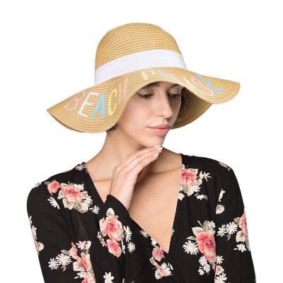 China Newest Comfortable Women Alphabet Embroidered Straw Hat Soft Paper Straw Hat Big Brim Sun Hat Travel Sunscreen Beach Hat for sale