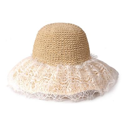 China Straw Hat Sweet Sun Fashion Comfortable Wholesale Lace Brim Summer Travel Seaside Beach Foldable Foldable Hat for sale