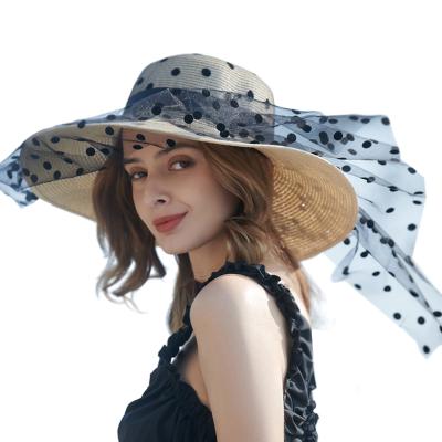 China Comfortable Elegant Lace Dots Straw Hat Trendy Wide Brim Straw Hat Sun Protection Floppy Straw Hat for sale