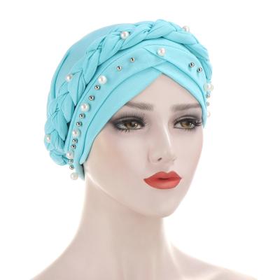 China Fashion New Wholesale Women Elegant Pearl Turban Hat Milk White Silk Islamic Headscarf Turban Muslim Hijab Hat for sale