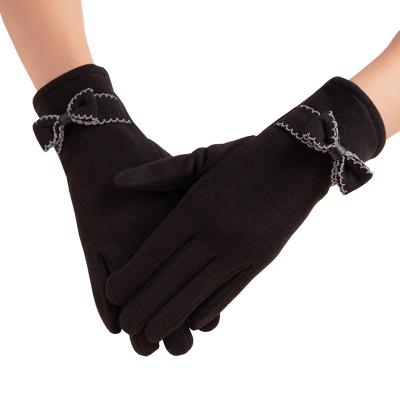 China New Winter Gloves Lady Warm Cashmere Full Finger Mitten Warm Sexy Comfortable Elegant Bow Solid Color Plus Velvet Thickening Gloves for sale