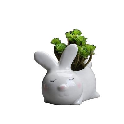 China Mini Cute Creative Ceramic Rabbit Simple Modern Shape White Flower Plant Pots Succulent Animals for sale